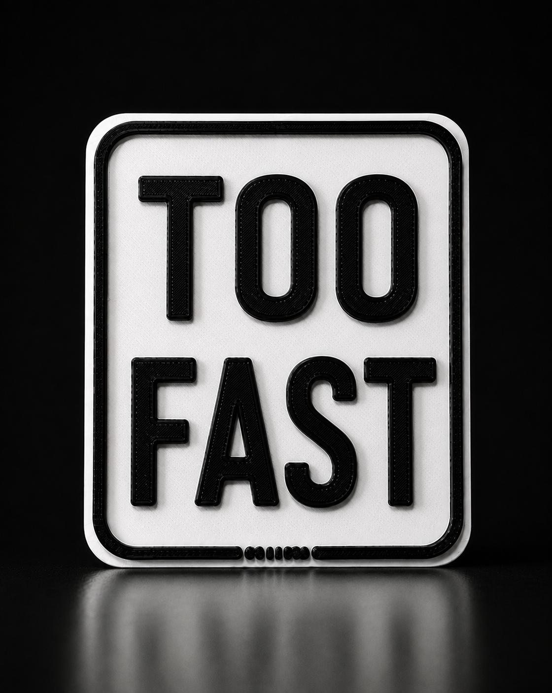 3D Fun-Kennzeichen TOO FAST in Schwarz-Weiß